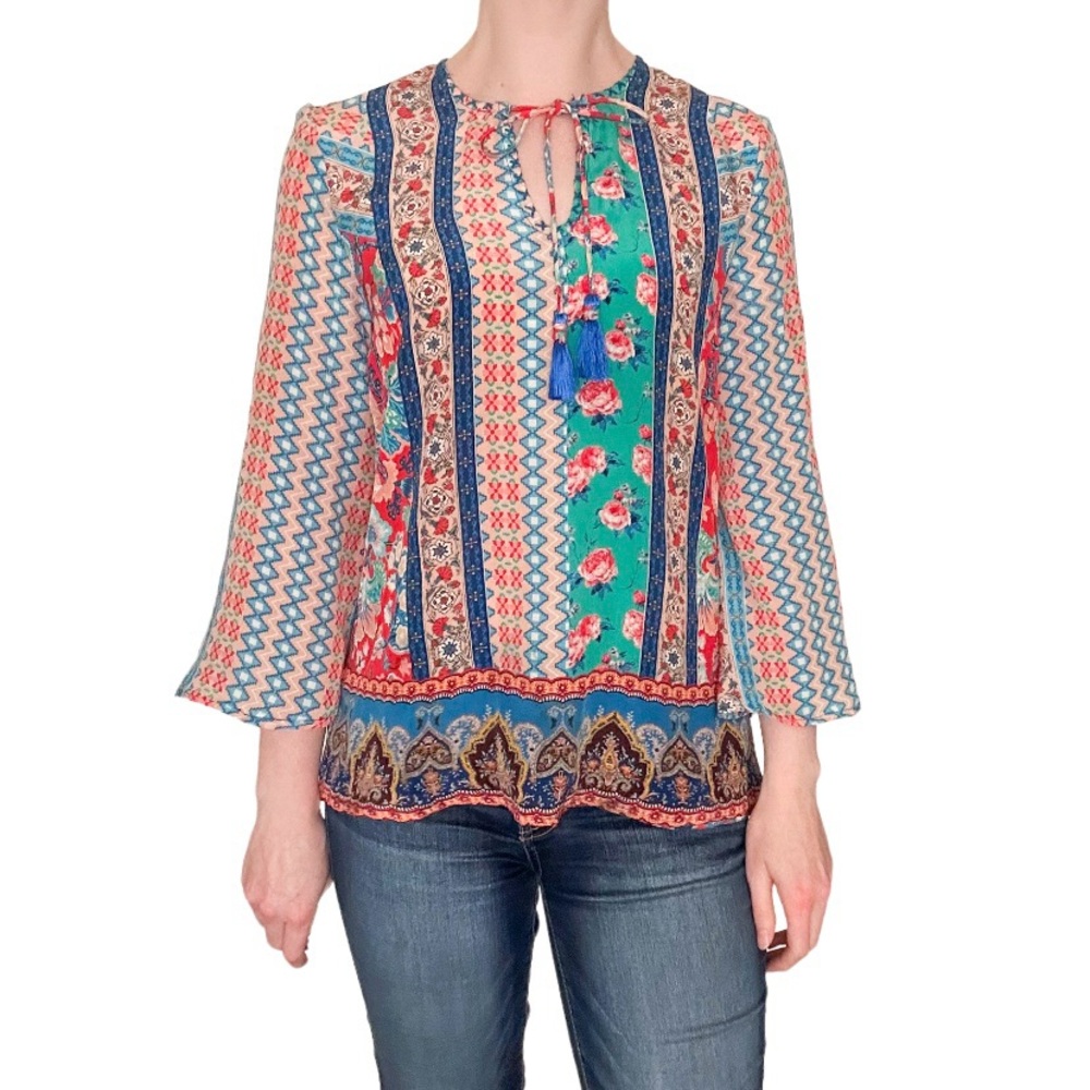 Tolani Anthropologie blouse boho floral long sleeve shirt top blue red white